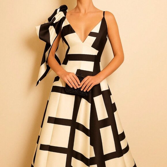 White Elegant Women's One-Shoulder Bow Detail Geometric Print Maxi Dress - Picture 8 of 9